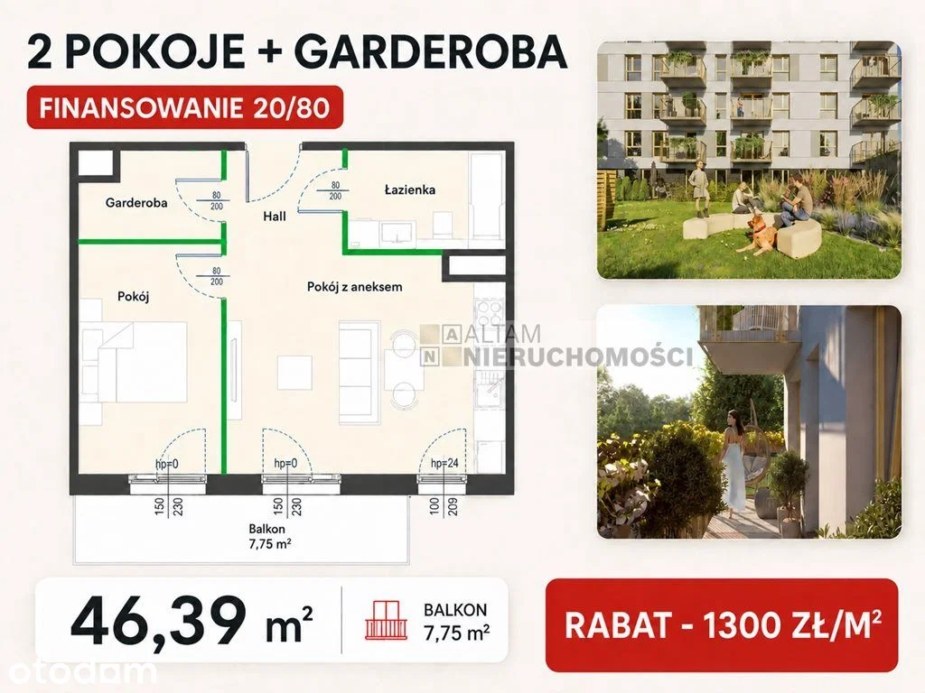 2pok 46m2 balkon 8m2|garderoba|-1300zł/m2|20/80|0%