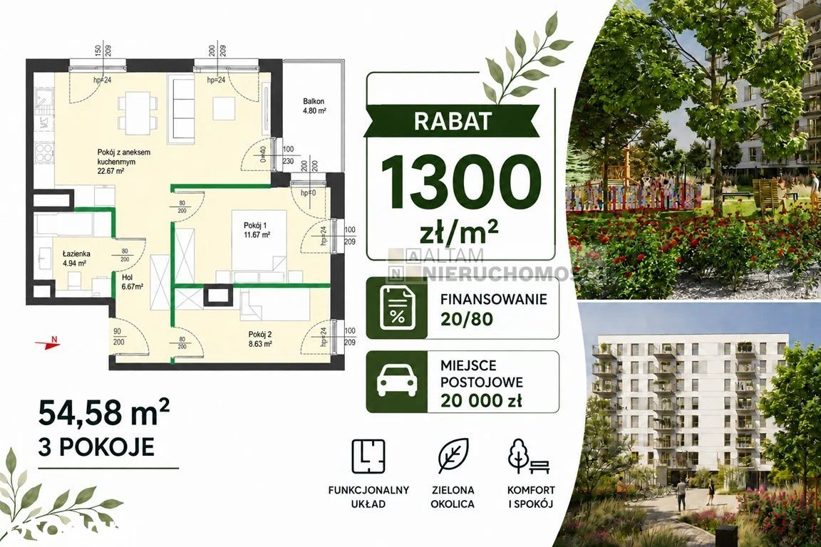 3pok+kuchnia 55m2 balkon|-1300zł/m2|park|20/80|0%