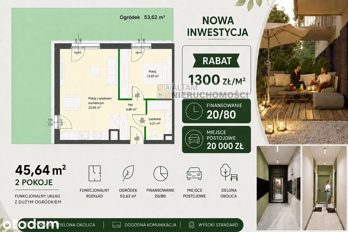 2pok+kuch 46m2+ogródek 54m2|-1300zł/m2|20/80|0%